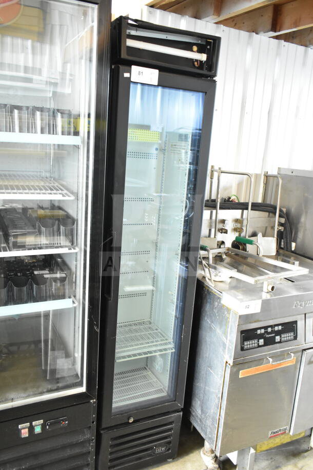 IDW G-11-C33EB single door reach-in cooler merchandiser, black frame, glass door, 115 volts, 1 phase, shelving included.