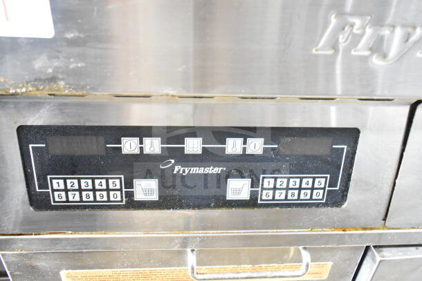 Frymaster FPH214BLSC electric fryer, dual bay, with Pitco Frialator, digital controls, mounted on commercial casters.