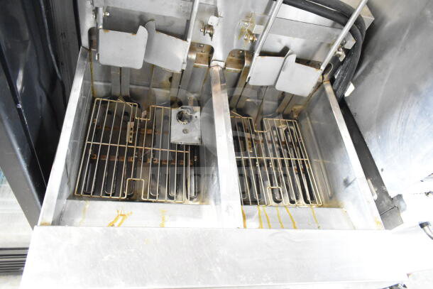 Frymaster FPH214BLSC 2-bay electric fryer with Pitco Frialator on casters, 208V, 3-phase, used condition.