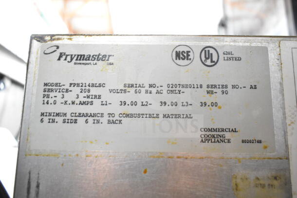 Frymaster FPH214BLSC commercial fryer label showing model, serial number, voltage, and compliance marks.