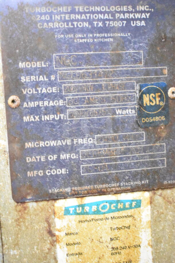 Turbochef NGC commercial rapid cook oven label, 208/240V, 1 phase, model details, NSF certified, used condition.