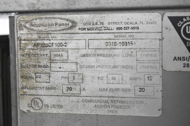 American Panel AP10BCF100-2 commercial blast chiller label showing specs: 200V, 1 Phase, refrigerant 404A, 12 Amps.