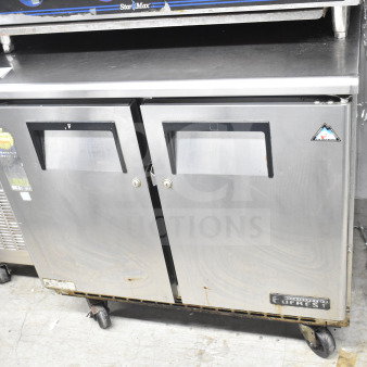 Everest ETBSF2 Commercial 2 Door Undercounter Freezer, stainless steel, 115V, 1 Phase, good condition, visible brand logo.