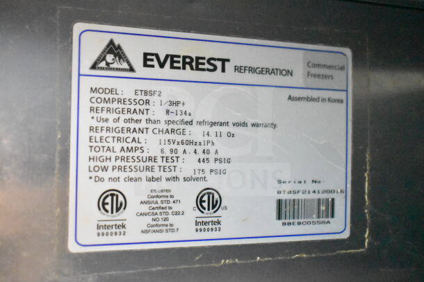 Everest ETBSF2 2 Door Undercounter Freezer label. Shows model, voltage, refrigerant type, and serial number.