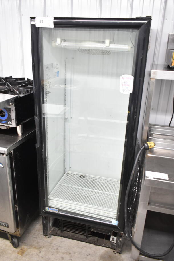 Imbera VR12 commercial reach-in cooler, single glass door, 115V, 1 phase, black frame, shelves inside, excellent condition.