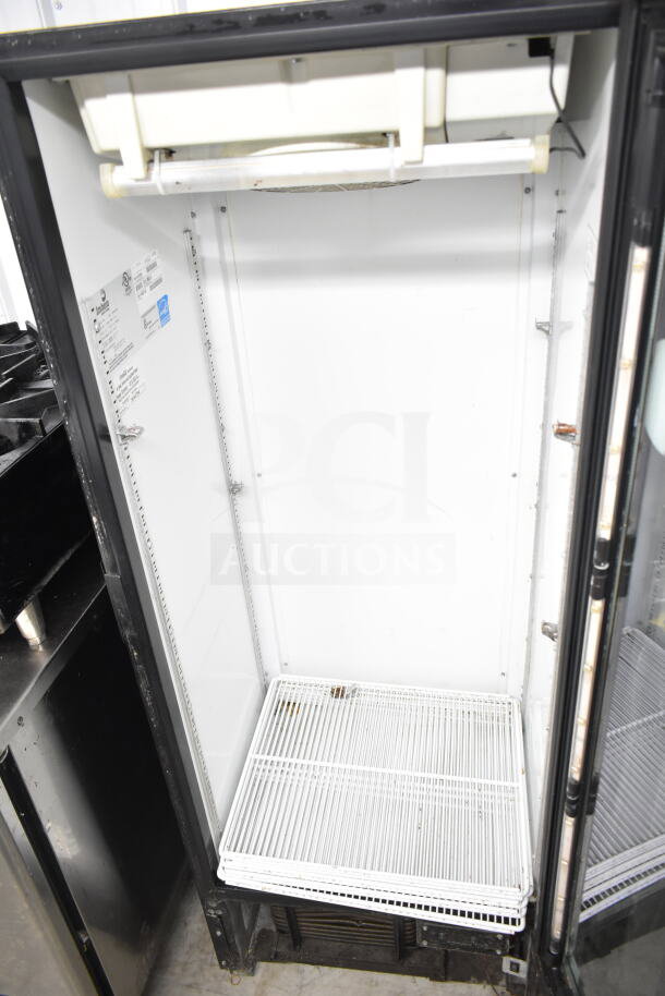 Imbera VR12 commercial reach-in cooler merchandiser, single door, interior view, 115 volts, 1 phase, with shelf.