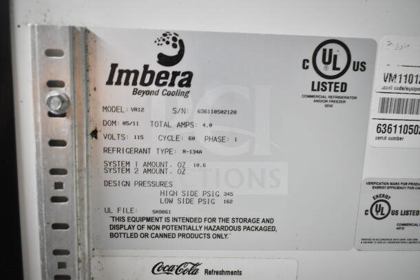 Imbera VR12 Commercial Single Door Reach In Cooler label detailing model, voltage, refrigerant type, and UL certification.