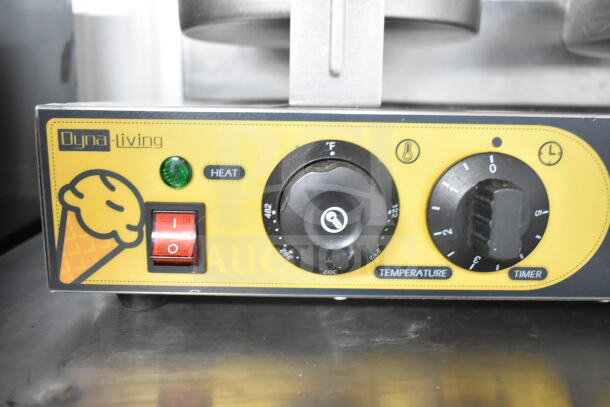 Dyna-living XC-XG-2 countertop double waffle cone maker, 110V, with heat switch, temperature and timer controls.