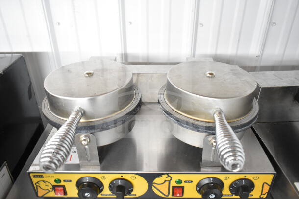 XC-XG-2 Countertop Double Waffle Cone Maker, stainless steel, 110 volts, 1 phase, dual griddle, temperature controls.