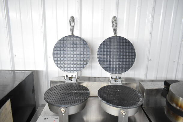 XC-XG-2 Countertop Double Waffle Cone Maker, stainless steel, 110 Volts, 1 Phase, features dual grids, excellent condition.