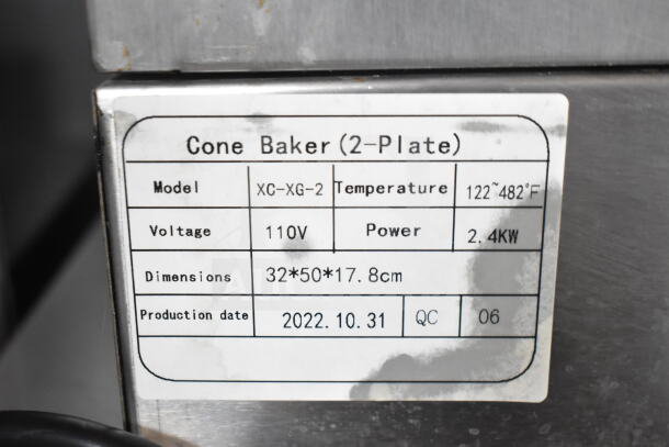 XC-XG-2 Countertop Double Waffle Cone Maker, 110V, 2.4KW, temp range 122-482°F, dimensions 32x50x17.8cm, made 2022.