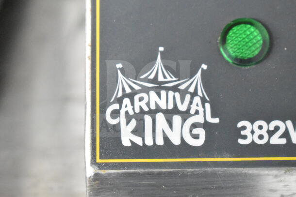 Carnival King 382WSM11 countertop waffle maker label with logo, 110V, 1 phase, features shown in close-up.