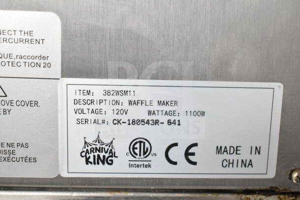 2018 Carnival King 382WSM11 Waffle Maker label, 120V, 1100W, serial CK-180543R-641, made in China. CE and ETL certified.