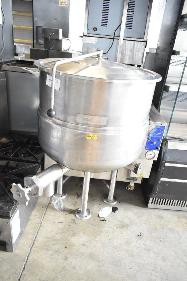 Cleveland KGL-40 40-gallon commercial steam kettle, stainless steel, floor model, control panel visible, used condition.