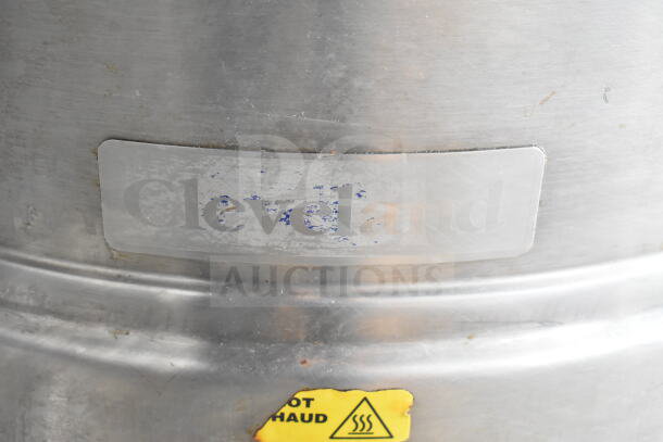 Cleveland KGL-40 40 Gallon Steam Kettle, visible brand logo, stainless steel, used condition, caution label present.