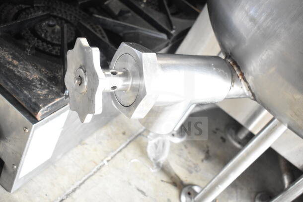 Cleveland KGL-40 steam kettle spout and valve detail, stainless steel, part of 40-gallon commercial floor model.