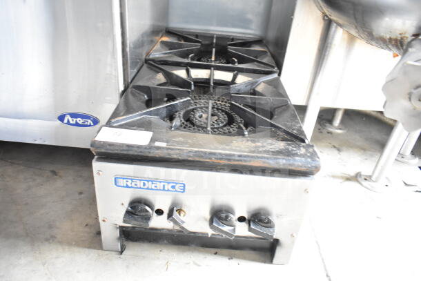 Radiance Commercial Countertop Gas 2 Burner Range; shows minor wear; Radiance branding visible on front panel.