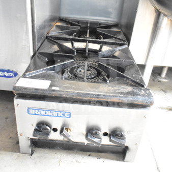 Radiance Commercial Countertop Gas 2 Burner Range; shows minor wear; Radiance branding visible on front panel.