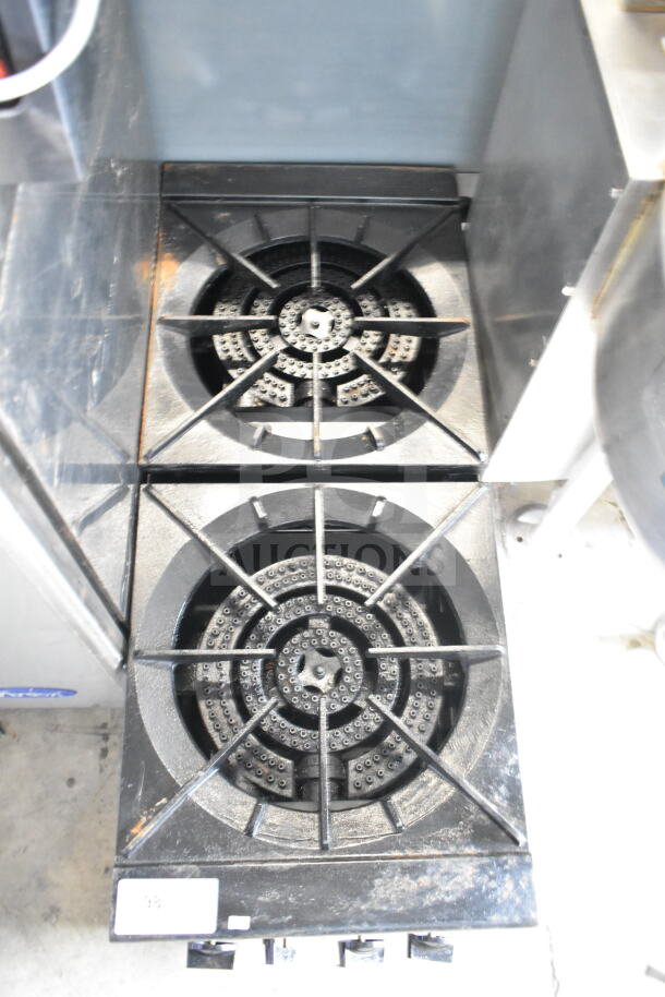 Radiance commercial countertop gas 2-burner range, black finish, used condition, visible control knobs and burner grates.