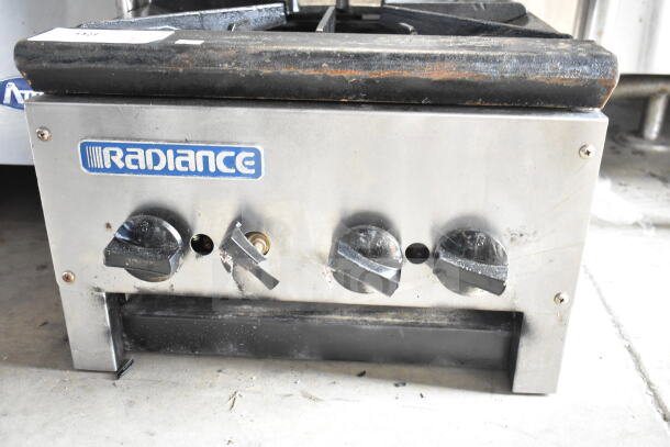 Radiance Commercial Countertop Gas 2 Burner Range, stainless steel, used condition, visible brand label and control knobs.