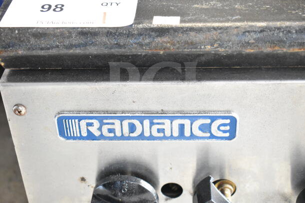 Radiance Commercial Countertop Gas 2 Burner Range, steel body, Radiance logo, auction tag "98 QTY 1" visible.