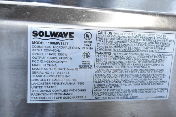 2022 Solwave 180MW112T Commercial Microwave Oven label. 120V, 1 Phase, 1500W. Includes caution and service instructions.