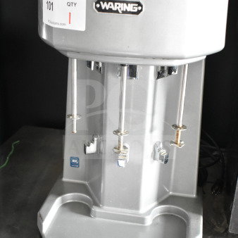 Waring WDM360 commercial 3-head drink mixer, metal finish, 120V, 1 phase, good condition, brand and model visible.