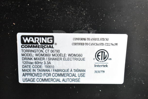 Waring WDM360 commercial 3 head drink mixer, 120V, 1 phase. Label shows model and certification details. Made in Taiwan.