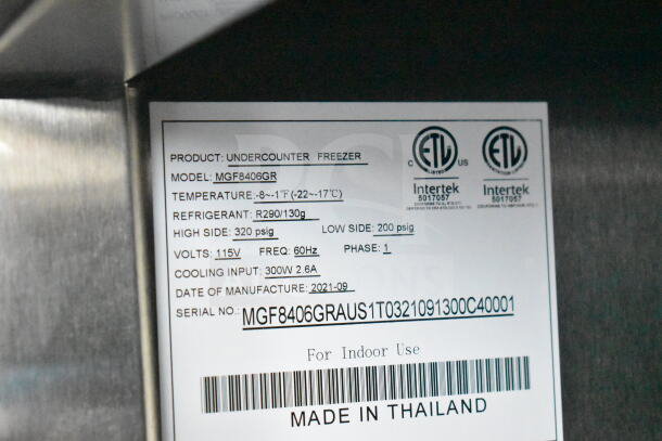 2021 Atosa MGF8406GR Commercial 2 Door Undercounter Freezer, 115V, 1 Phase, made in Thailand. Serial: MGF8406GRAUS.
