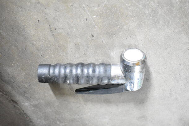 Sturdy metal grip handle with a ribbed black rubber grip and a chrome connector. Appears in good used condition.