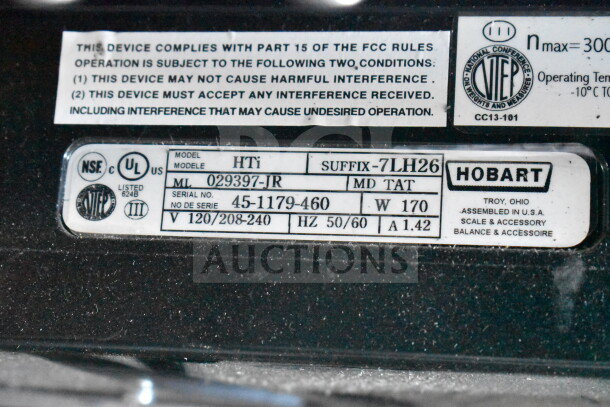 2017 Hobart HTi-7LH26 scale label, showing model and specs. Screen damage noted. No power cord included.