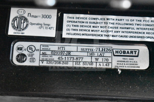 2017 Hobart HTi-7LH26 commercial food scale label. Model: HTi-7LH26, 120/208-240V, certified by NSF and UL.