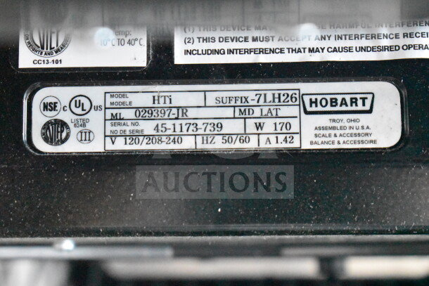 2017 Hobart HTi-7LH26 commercial scale model label showing specs. Tested and working, no power cord included.