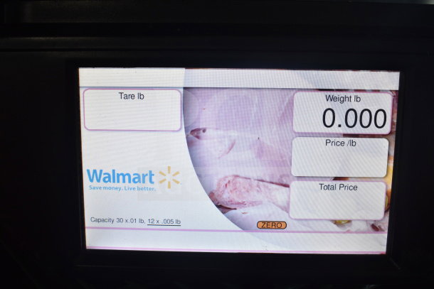 2017 Hobart HTi-7LH26 scale display showing weight, price, and Walmart branding. No power cord included.