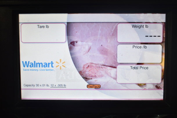 2017 Hobart HTi-7LH26 scale display showing tare, weight, price, and Walmart branding.