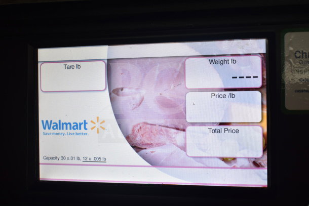 2017 Hobart HTi-7LH26 commercial food scale, tested and working, touchscreen display showing weighing options and Walmart branding.
