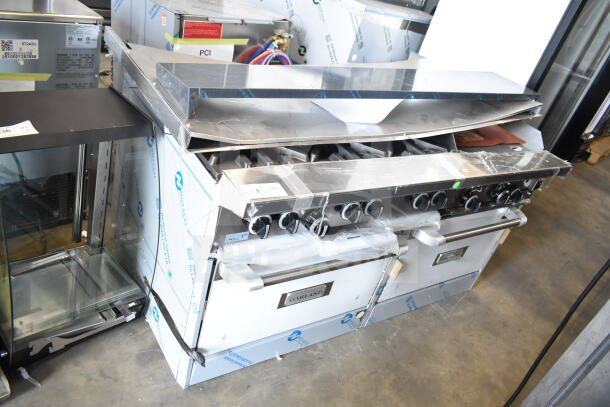 Garland G60-6G24CC range, new condition, features six burners, a 24" griddle, and dual convection ovens, 280,000 BTU.