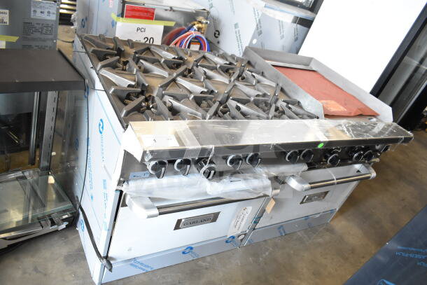 Brand new Garland G60-6G24CC range, 6 burners, 24" griddle, 2 convection ovens, 60" wide, 280,000 BTU, scratch and dent.