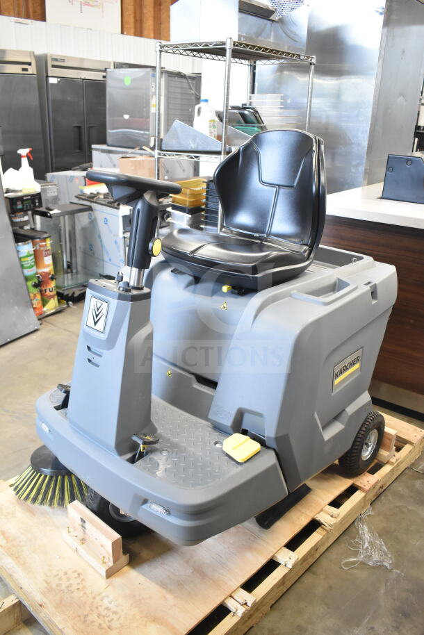 Brand new Karcher KM 85/50 R BP 24" ride-on sweeper, 1 side broom, AGM cordless, 13.2-gallon capacity, scratch and dent condition.