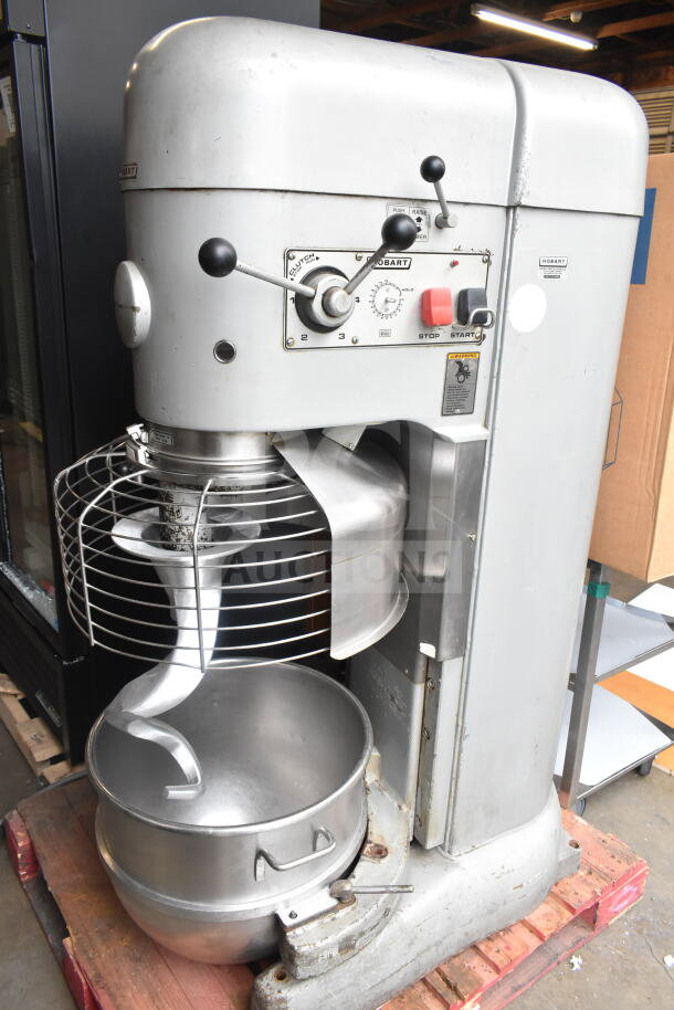 Hobart M-802 commercial dough mixer, 80 qt capacity, includes bowl, guard, hook, 200V, 3-phase, used condition.