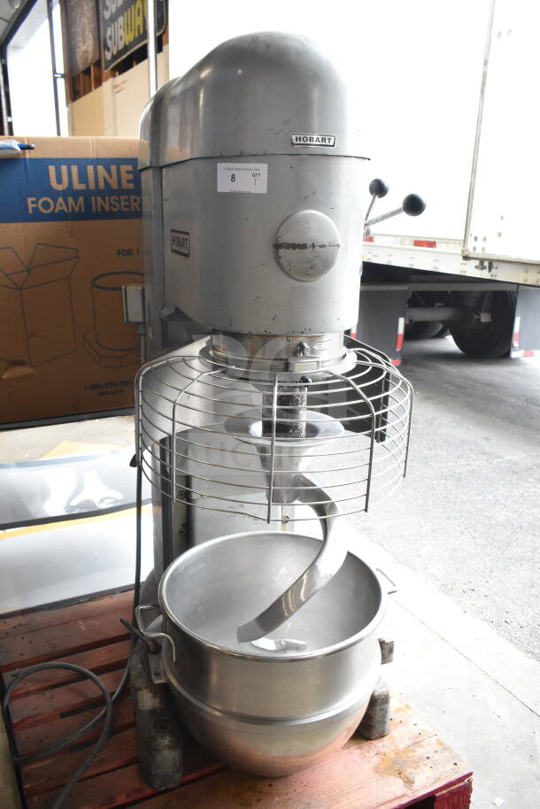 Hobart M-802 80 Quart Dough Mixer with bowl, guard, and hook attachment. 200 Volts, 3 Phase, commercial use.