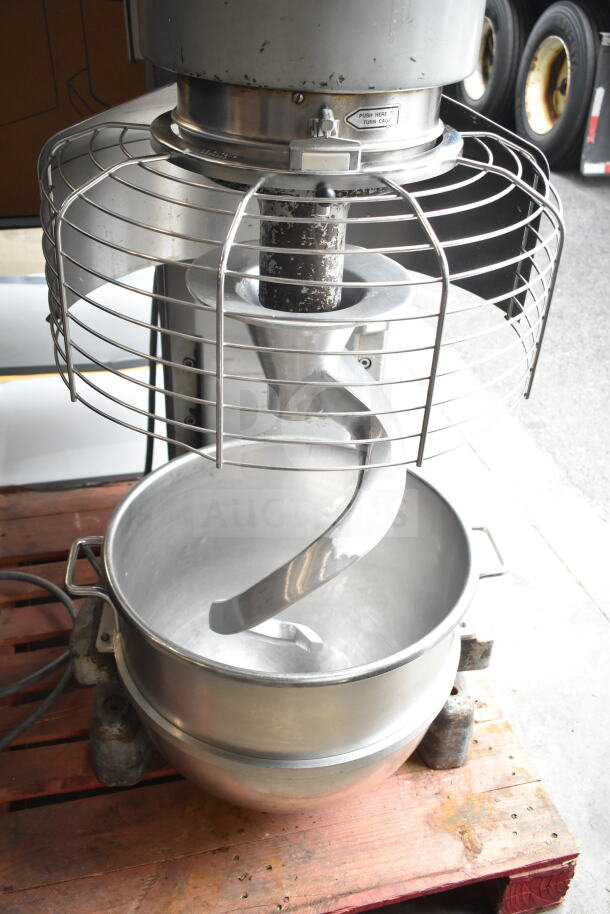 Hobart M-802 commercial 80-quart mixer with bowl, guard, and dough hook. 200V, 3-phase. Good condition.
