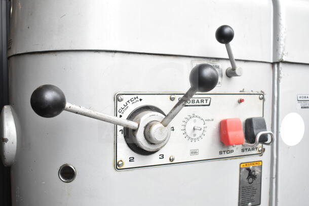 Hobart M-802 commercial 80-quart dough mixer with controls, bowl guard, and dough hook attachment. 200V, 3-phase.
