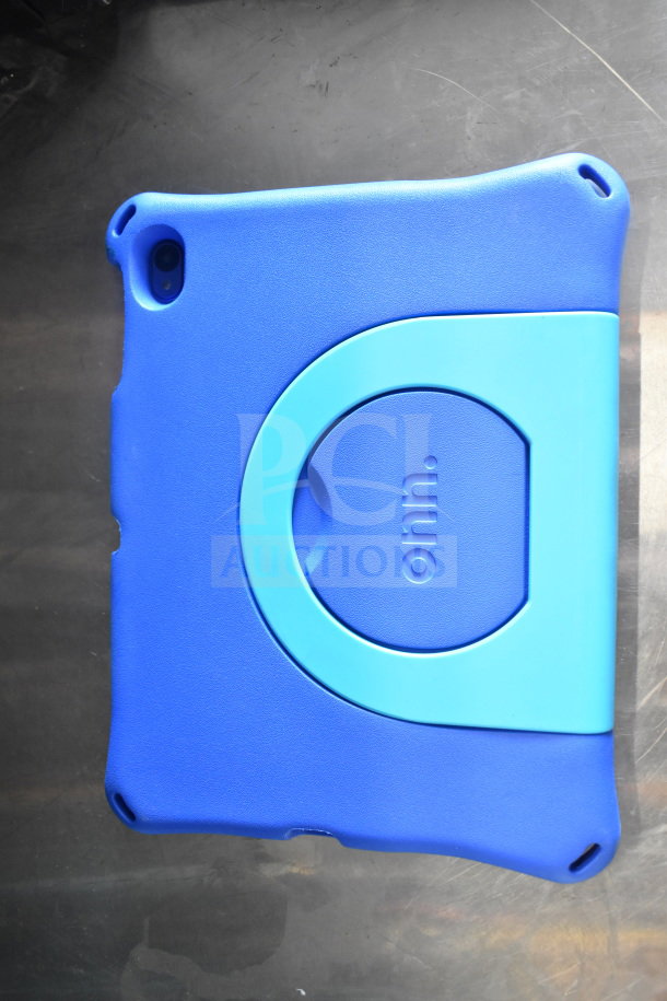 Seven Onn tablets in blue protective cases, showing the Onn logo and a rotating stand on the back.
