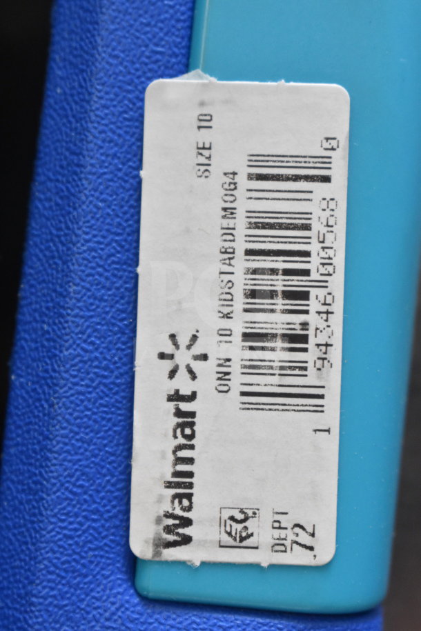Label on blue Onn tablet showing "Walmart," model "ONN 10 KIDSTAB BL IM 004," barcode, and size "10," indicating product details.