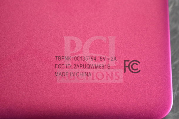 Pink Onn tablet with visible markings: TBPNK100135794, FCC ID: 2APUQWM891S, 5V - 2A, Made in China.