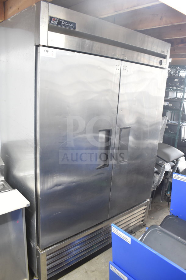 True T-49 commercial 2-door reach-in cooler, stainless steel, model T-49, 115 volts, 1 phase, visible brand logo.