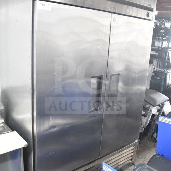 True T-49 commercial 2-door reach-in cooler, stainless steel, model T-49, 115 volts, 1 phase, visible brand logo.