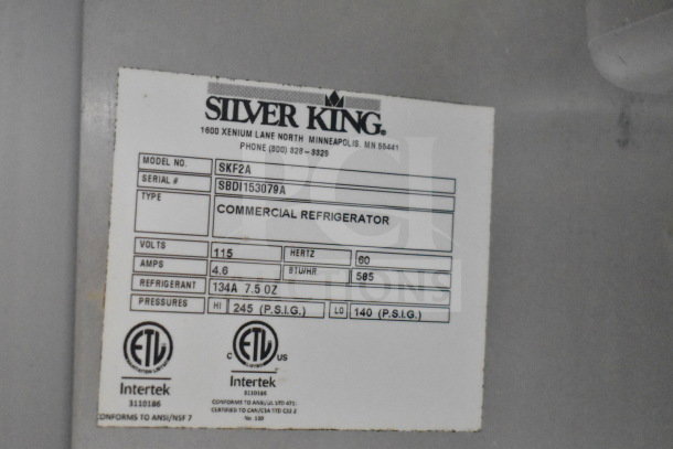Silver King SKF2A Commercial Refrigerated Fountainette Prep Table label, 115V, 1 phase, 4.6A, model SKF2A, serial SBDI153079A.
