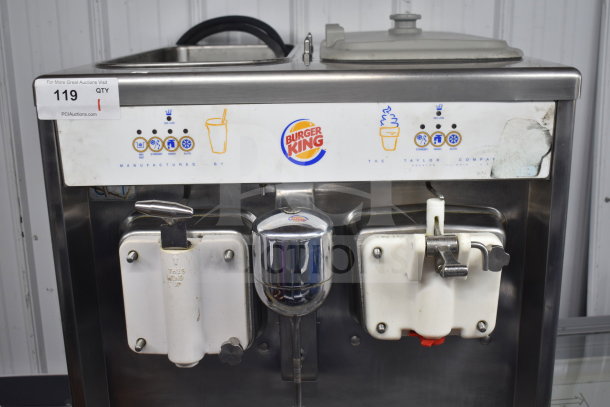 Taylor 632-33 commercial floor style air-cooled milkshake machine with two flavor dispensers, Burger King branding.
